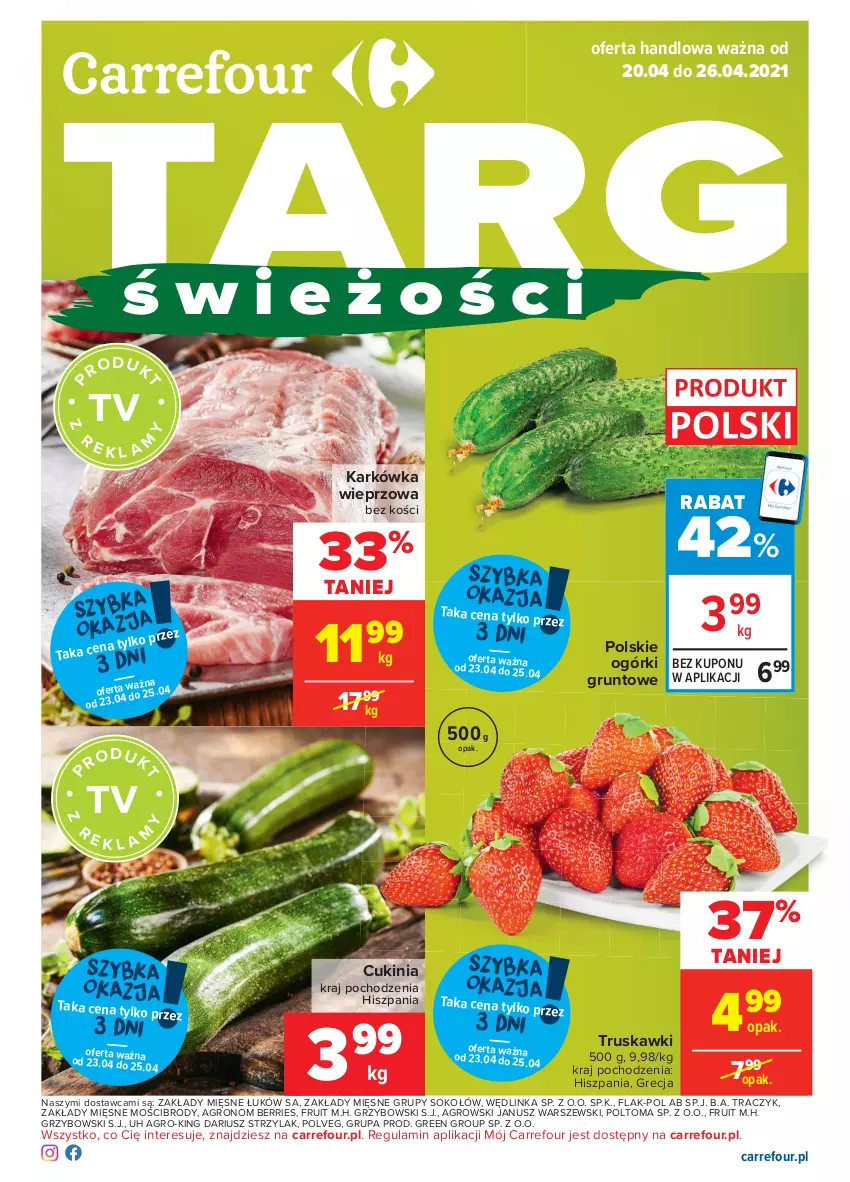 Gazetka promocyjna Carrefour - Gazetka Carrefour - ważna 19.04 do 26.04.2021 - strona 1 - produkty: Grunt, Inka, Karkówka wieprzowa, Sok, Sokołów, Truskawki