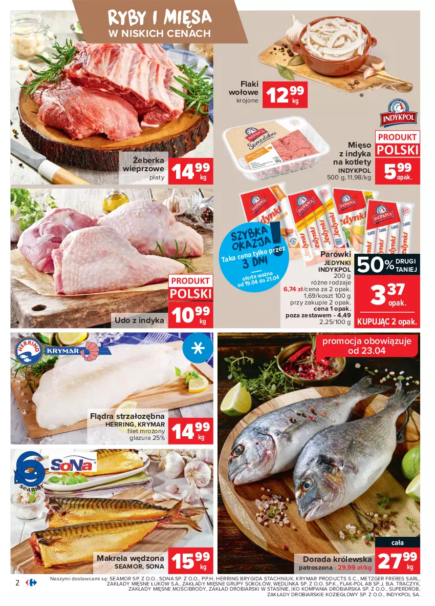 Gazetka promocyjna Carrefour - Gazetka Carrefour - ważna 19.04 do 26.04.2021 - strona 2 - produkty: Flaki, Flaki wołowe, Glazura, Inka, Kosz, Kotlet, Lazur, Mięso, Mięso z indyka, Parówki, Sok, Sokołów