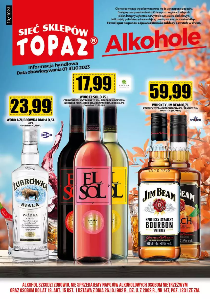 Gazetka promocyjna Topaz - Gazetka - ważna 01.10 do 31.10.2023 - strona 1 - produkty: Bourbon, Whiskey, Wino, Wódka