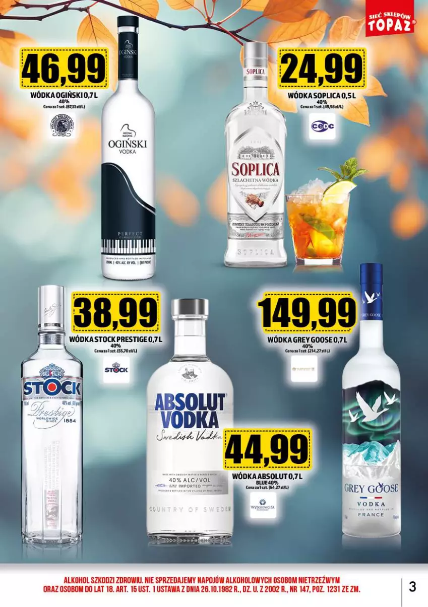 Gazetka promocyjna Topaz - Gazetka - ważna 01.10 do 31.10.2023 - strona 3 - produkty: Absolut, Noż, Ogiński, Por, Soplica, Stock, Wódka