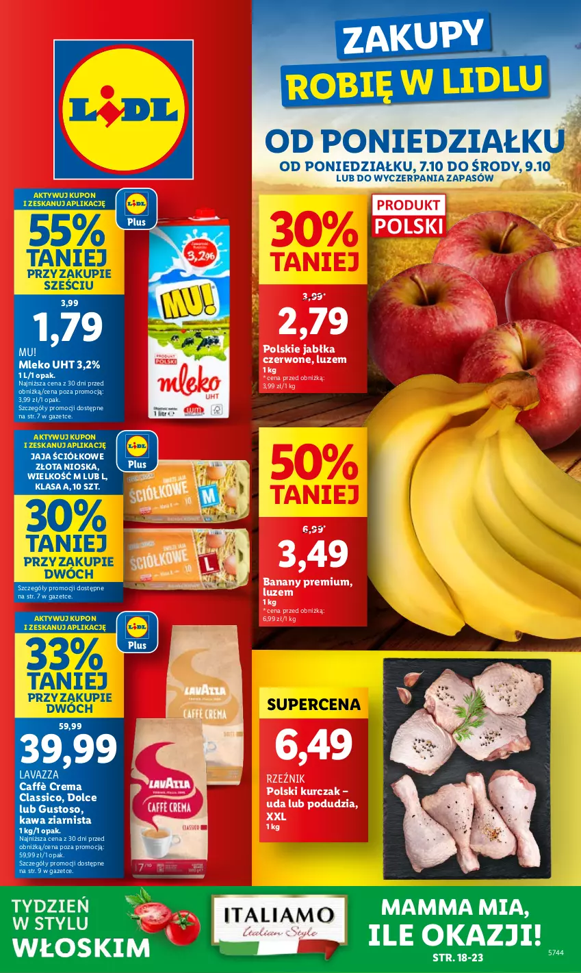 Gazetka promocyjna Lidl - GAZETKA - ważna 07.10 do 09.10.2024 - strona 1 - produkty: Banany, Jabłka, Jaja, Kawa, Kawa ziarnista, Kurczak, Lavazza, Mleko