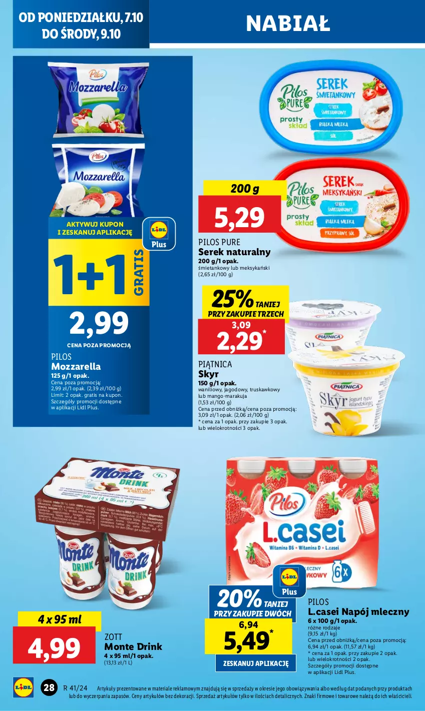 Gazetka promocyjna Lidl - GAZETKA - ważna 07.10 do 09.10.2024 - strona 36 - produkty: Gra, Mango, Monte, Mozzarella, Napój, Napój mleczny, Piątnica, Pilos, Pur, Ser, Serek, Serek naturalny, Zott