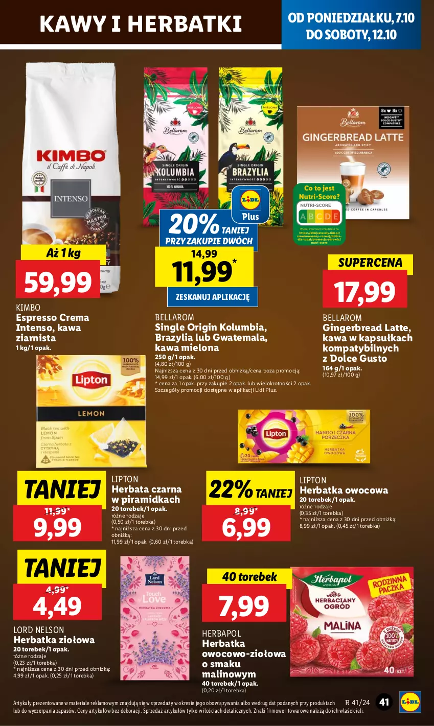 Gazetka promocyjna Lidl - GAZETKA - ważna 07.10 do 09.10.2024 - strona 49 - produkty: Bell, Bella, Dolce Gusto, Gin, Herbapol, Herbata, Herbata czarna, Kawa, Kawa mielona, Kawa ziarnista, Lipton, Torebka