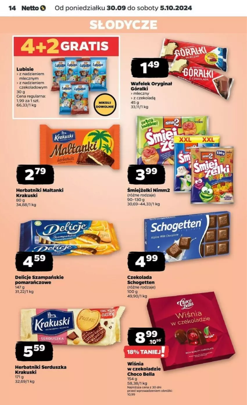 Gazetka promocyjna Netto - ważna 30.09 do 05.10.2024 - strona 6 - produkty: Bell, Bella, Czekolada, Delicje, Gin, Góralki, Herbatniki, Krakus, Krakuski, Lubisie, Nimm2, Schogetten, Ser, Wafelek