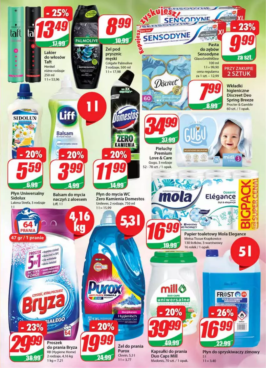 Gazetka promocyjna Dino - Gazetka - ważna 02.11 do 08.11.2022 - strona 23 - produkty: Bryza, Colgate, Discreet, Domestos, Fa, Kapsułki do prania, Lakier, LG, Lovi, Mola, Palmolive, Papier, Papier toaletowy, Pieluchy, Płyn do mycia, Płyn do spryskiwaczy, Pur, Sensodyne, Sidolux, Taft, Wkładki