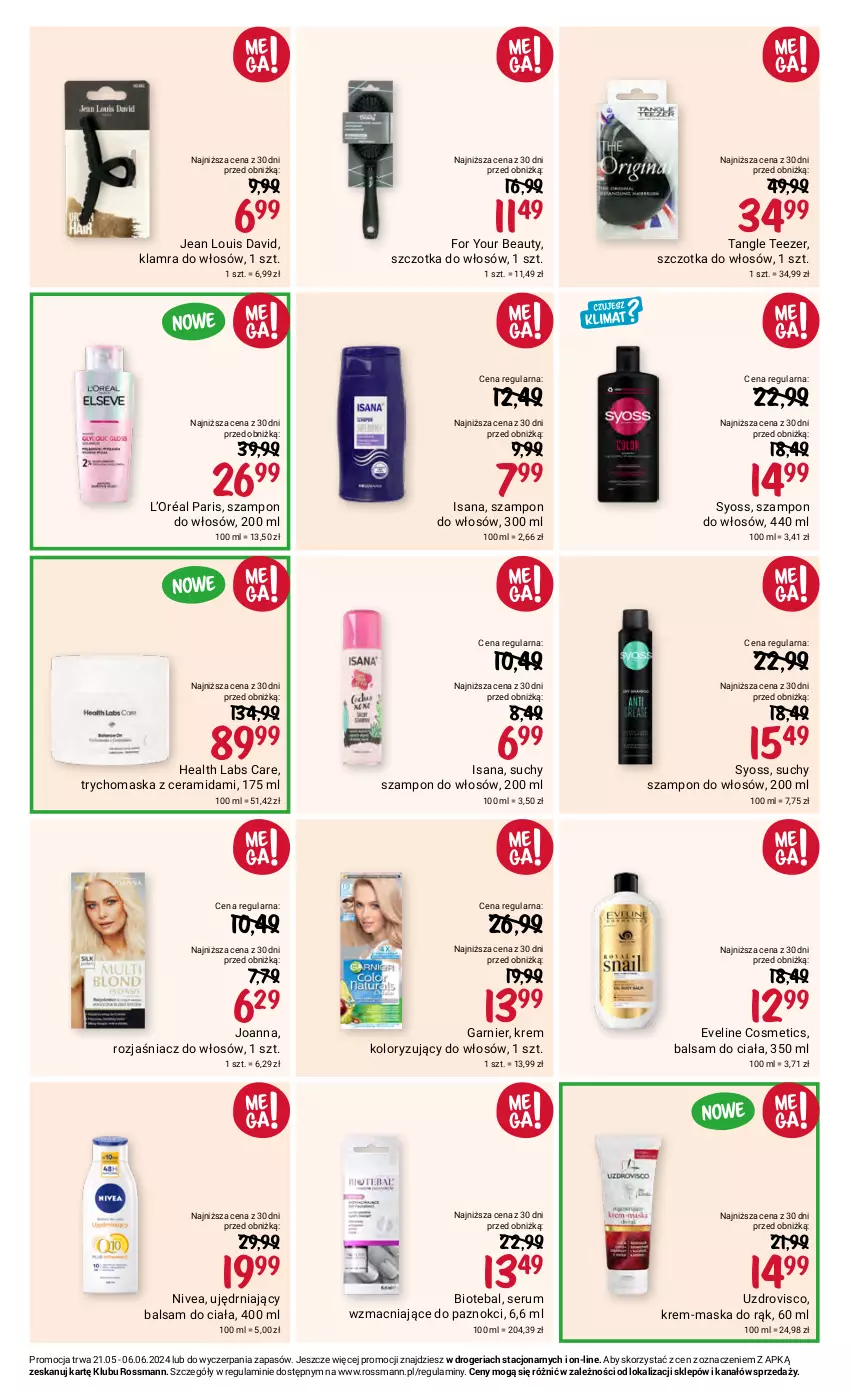 Gazetka promocyjna Rossmann - 21 maja - ważna 21.05 do 06.06.2024 - strona 6 - produkty: Balsam do ciała, BIOTEBAL, Eveline, For Your Beauty, Garnier, Isana, Joanna, Krem koloryzujący do włosów, L’Oréal, Maska, Nivea, Rum, Ser, Serum, Suchy szampon, Syoss, Szampon, Szczotka, Szczotka do włosów, Tangle Teezer