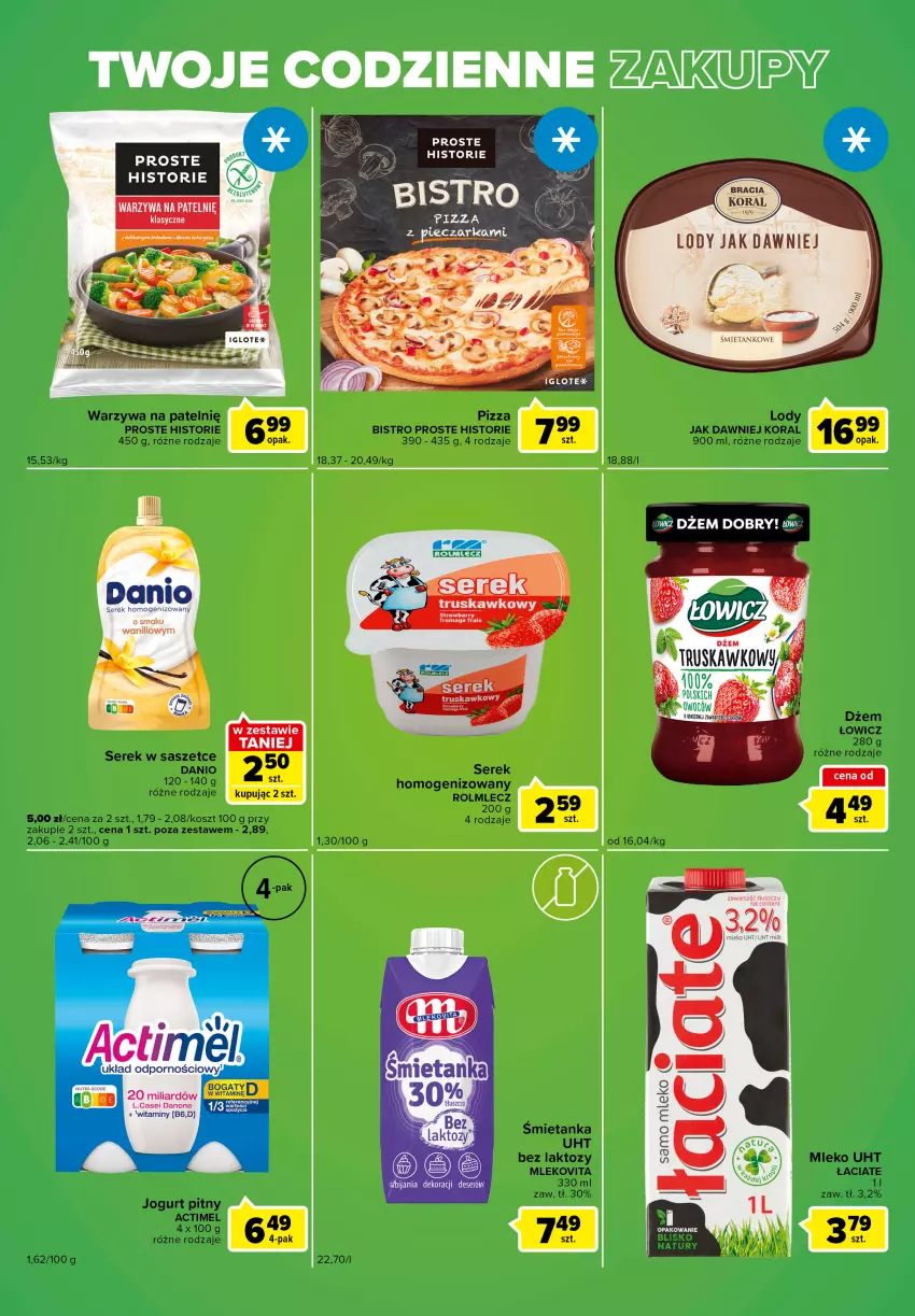 Gazetka promocyjna Carrefour - Gazetka Express - ważna 27.09 do 03.10.2022 - strona 2 - produkty: Actimel, Danio, Dżem, Jogurt, Jogurt pitny, Kosz, Lody, Mleko, Mlekovita, Pizza, Rolmlecz, Ser, Serek, Warzywa