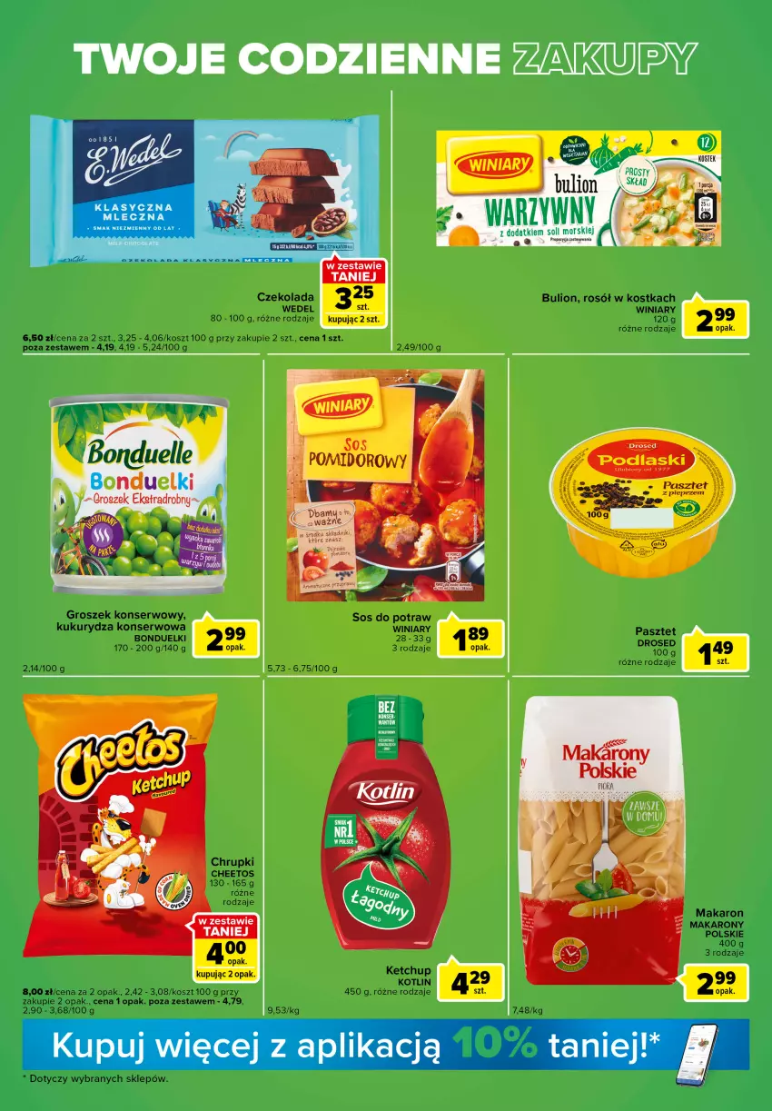 Gazetka promocyjna Carrefour - Gazetka Express - ważna 27.09 do 03.10.2022 - strona 3 - produkty: Bulion, Cheetos, Chrupki, Czekolada, Groszek, Ketchup, Kosz, Kotlin, Kukurydza, Kukurydza konserwowa, Lion, Makaron, Pasztet, Rosół, Ser, Sos, Winiary