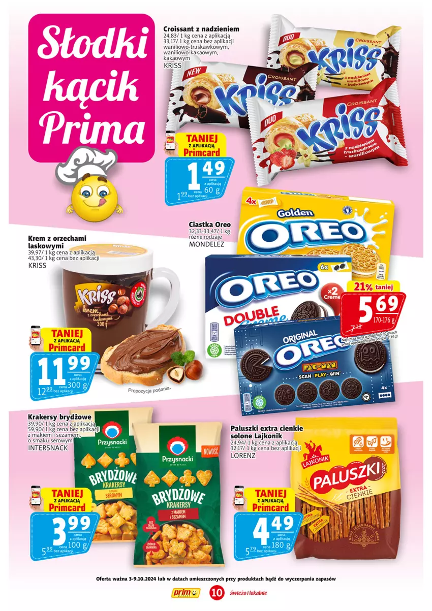 Gazetka promocyjna Prim Market - ważna 26.09 do 02.10.2024 - strona 10 - produkty: Ciastka, Croissant, Kakao, Krakersy, Lajkonik, Lorenz, Oreo, Przysnacki, Ser, Sezam