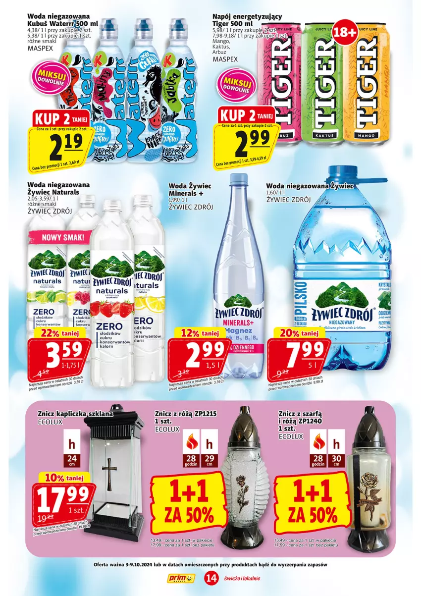 Gazetka promocyjna Prim Market - ważna 26.09 do 02.10.2024 - strona 14 - produkty: Arbuz, Fa, Kaktus, Kubuś, LANA, Mango, Napój, Ser, Tera, Tiger, Woda, Woda niegazowana, Znicz