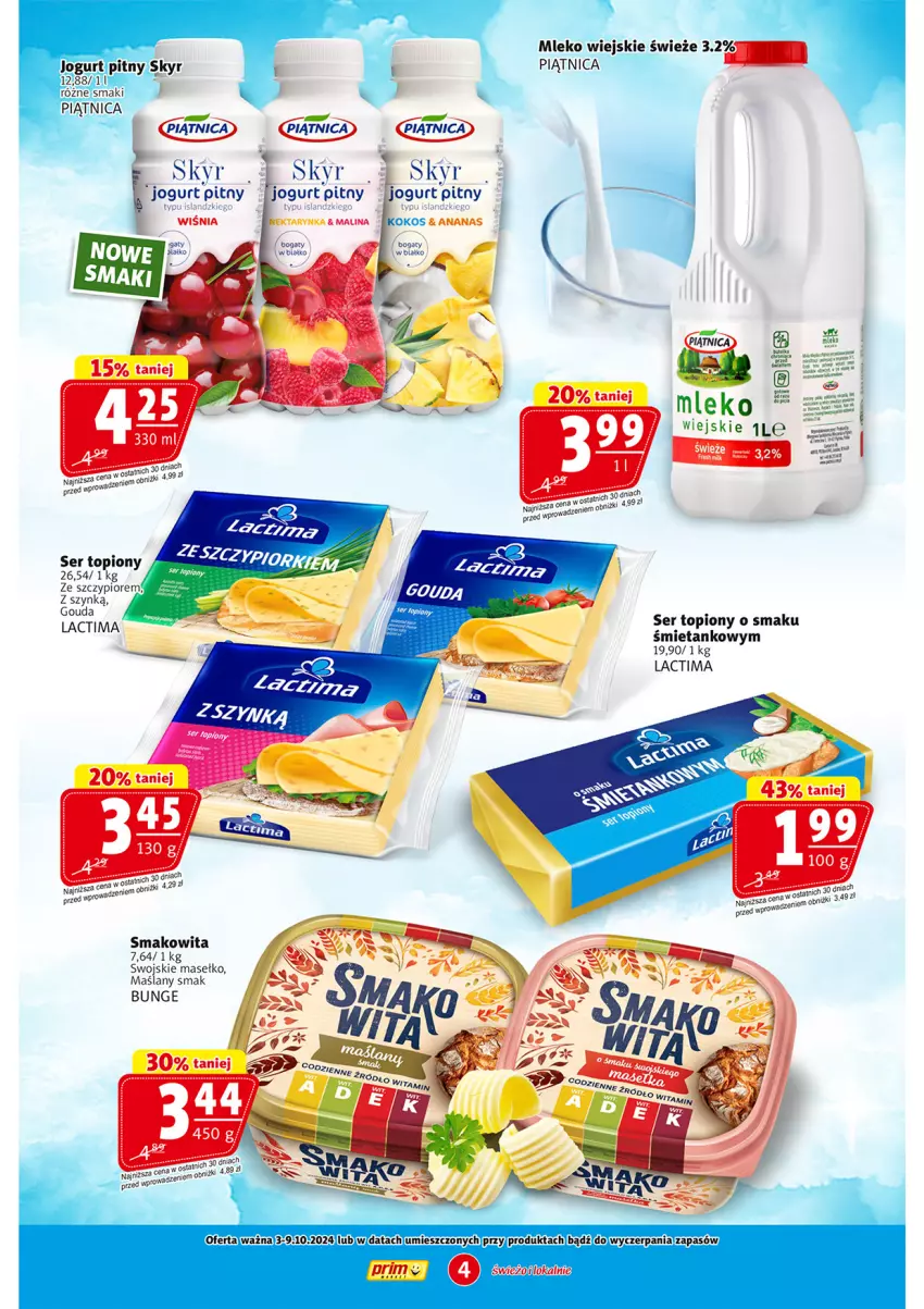 Gazetka promocyjna Prim Market - ważna 26.09 do 02.10.2024 - strona 4 - produkty: Ananas, Gouda, Jogurt, Jogurt pitny, Kokos, Mleko, Piątnica, Ser, Ser topiony, Smakowita, Top