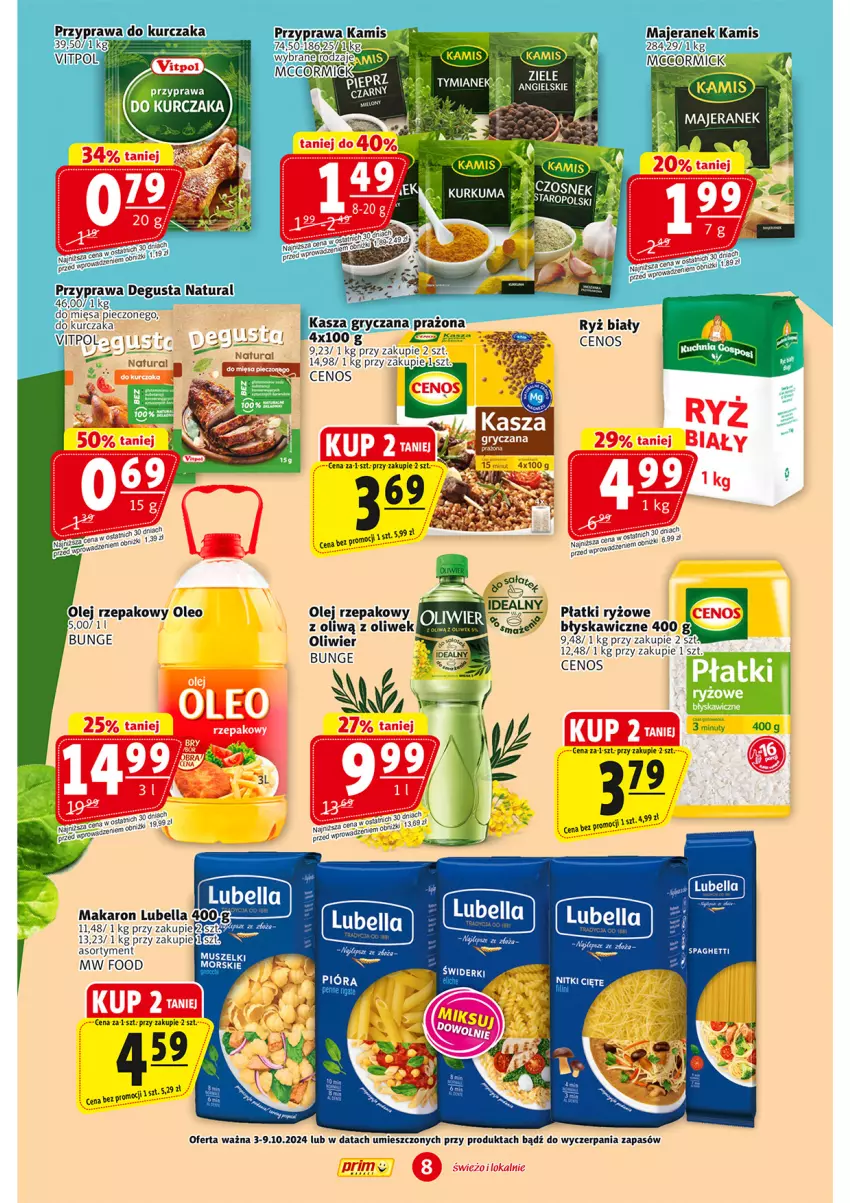 Gazetka promocyjna Prim Market - ważna 26.09 do 02.10.2024 - strona 8 - produkty: Bell, Bella, BIC, Cenos, Gry, Kamis, Kasza, Kasza gryczana, Kurczak, Lubella, Makaron, Mus, Olej, Olej rzepakowy, Piec, Płatki ryżowe, Ryż