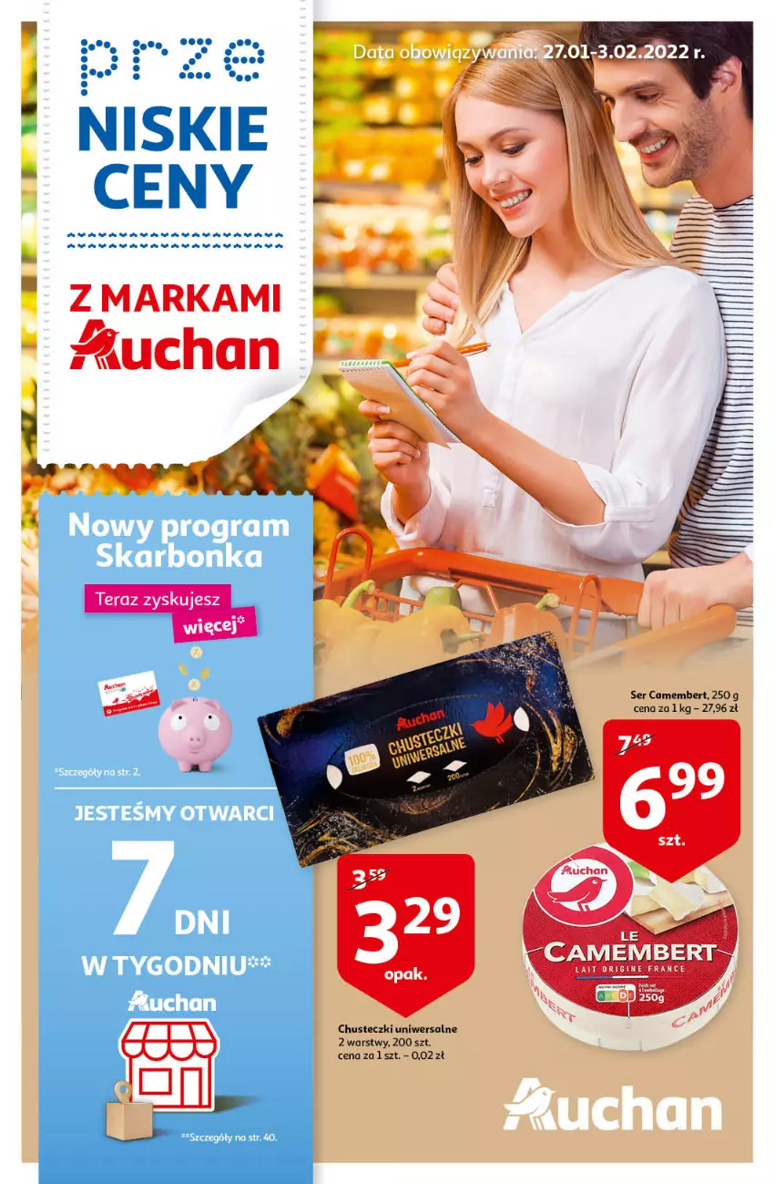 Gazetka promocyjna Auchan - przeNISKIE CENY z markami Auchan Hipermarkety - ważna 27.01 do 03.02.2022 - strona 1 - produkty: Camembert, Chusteczki, Gin, Ser