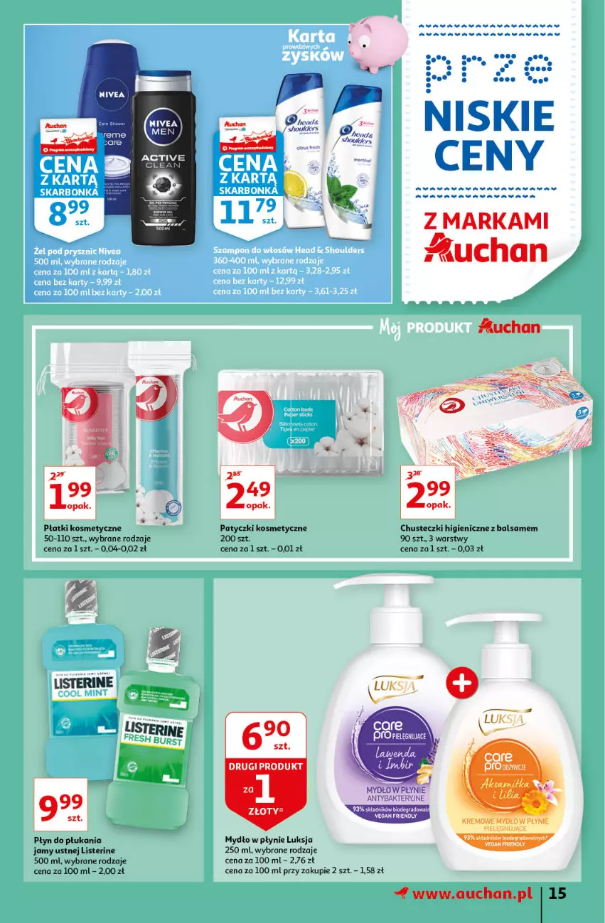 Gazetka promocyjna Auchan - przeNISKIE CENY z markami Auchan Hipermarkety - ważna 27.01 do 03.02.2022 - strona 15 - produkty: Chusteczki, Listerine, Luksja, Mydło, Mydło w płynie, Patyczki kosmetyczne, Płatki kosmetyczne, Płyn do płukania