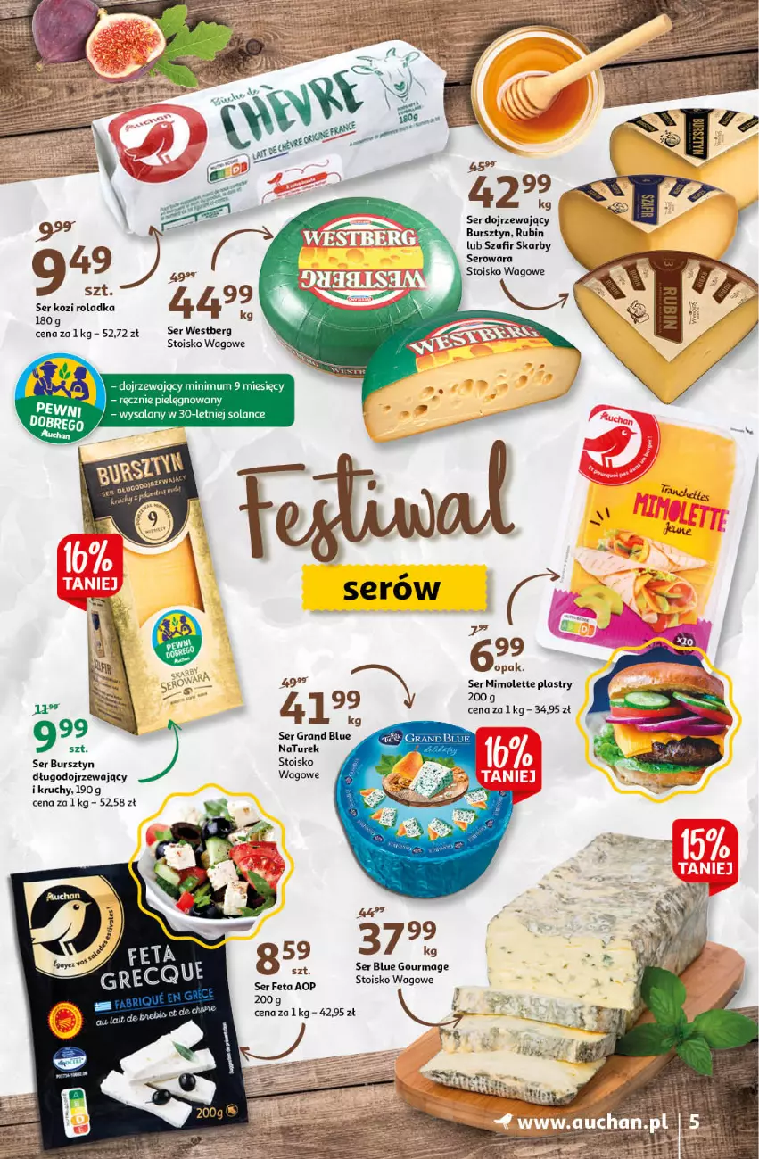 Gazetka promocyjna Auchan - przeNISKIE CENY z markami Auchan Hipermarkety - ważna 27.01 do 03.02.2022 - strona 5 - produkty: Bursztyn, Feta, Gra, Mimolette, NaTurek, Rubin, Ser, Ser kozi, Solan