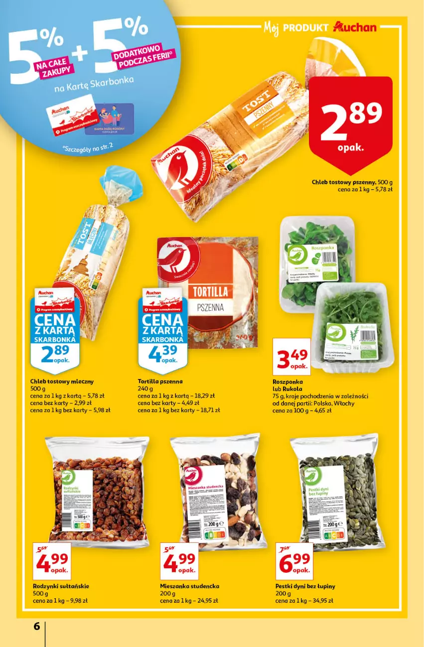 Gazetka promocyjna Auchan - przeNISKIE CENY z markami Auchan Hipermarkety - ważna 27.01 do 03.02.2022 - strona 6 - produkty: Chleb, Chleb tostowy, Mieszanka studencka, Pestki dyni, Rodzynki, Roszponka, Rukola, Tortilla