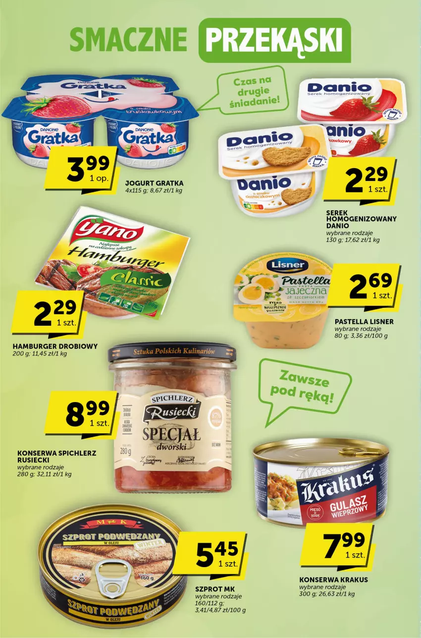 Gazetka promocyjna Groszek - ważna 13.07 do 25.07.2023 - strona 6 - produkty: Burger, Danio, Fa, Gra, Hamburger, Jogurt, Krakus, Lisner, Pastella, Ser, Serek, Serek homogenizowany, Szprot