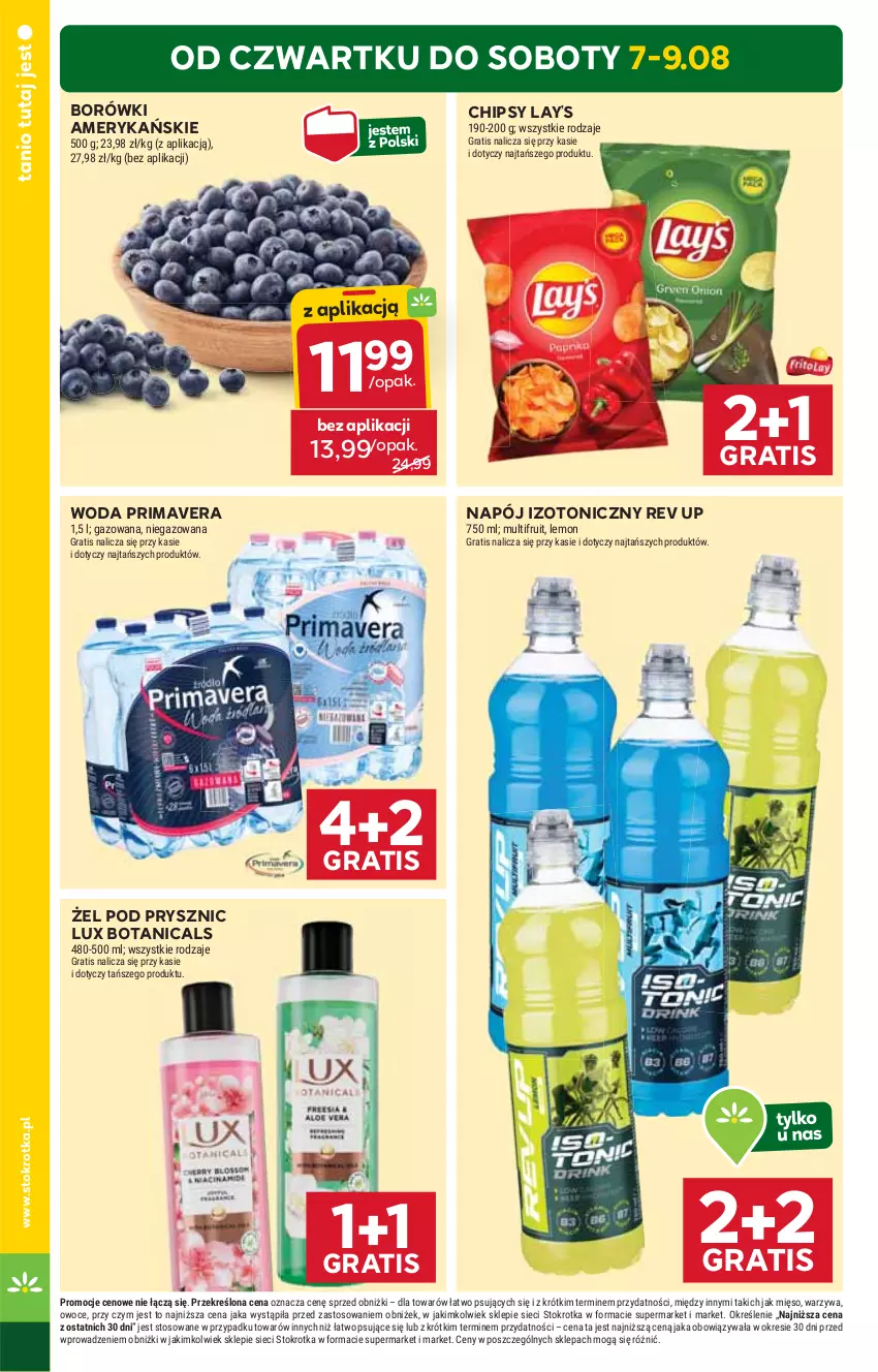 Gazetka promocyjna Stokrotka - Supermarket - ważna 07.08 do 12.08.2025 - strona 2 - produkty: Chipsy, Gra, Lay’s, Mięso, Napój, Napój izotoniczny, Owoce, Prima, Primavera, Warzywa, Woda