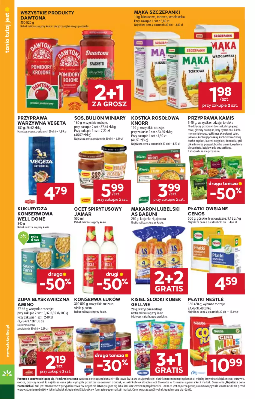 Gazetka promocyjna Stokrotka - Supermarket - ważna 07.08 do 12.08.2025 - strona 26 - produkty: Babuni, Bulion, Cenos, Dawtona, Gra, Grill, Kamis, Kisiel, Knorr, Kubek, Kukurydza, Kukurydza konserwowa, Lazur, Lion, Mąka, Makaron, Mięso, Mus, Nestlé, Ocet, Owoce, Płatki owsiane, Ser, Sos, Torebka, Vegeta, Warzywa, Winiary, Zupa
