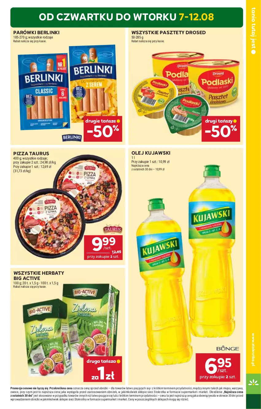 Gazetka promocyjna Stokrotka - Supermarket - ważna 07.08 do 12.08.2025 - strona 3 - produkty: Berlinki, Kujawski, Mięso, Olej, Owoce, Parówki, Pasztet, Pizza, Warzywa