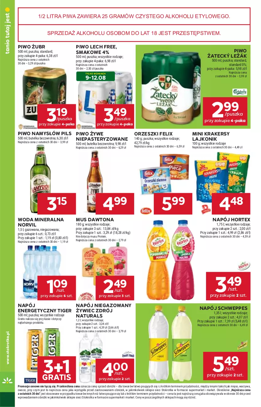 Gazetka promocyjna Stokrotka - Supermarket - ważna 07.08 do 12.08.2025 - strona 36 - produkty: Dawtona, Felix, Gra, Hortex, Krakersy, Lajkonik, Mięso, Mus, Namysłów, Napój, Napój niegazowany, Orzeszki, Owoce, Piwa, Piwo, Schweppes, Tiger, Warzywa, Woda, Woda mineralna
