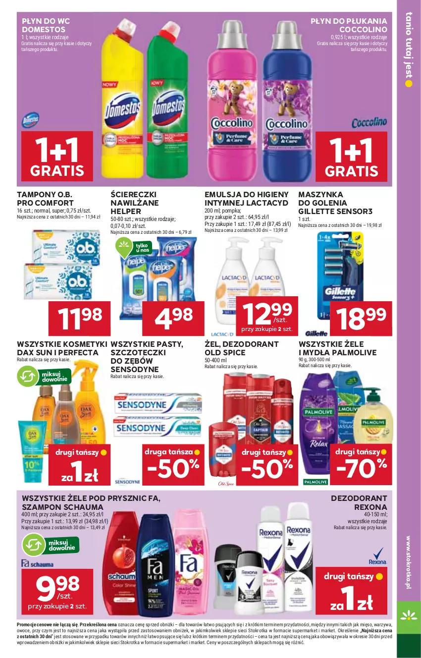 Gazetka promocyjna Stokrotka - Supermarket - ważna 07.08 do 12.08.2025 - strona 37 - produkty: Coccolino, DAX, Dezodorant, Domestos, Emulsja, Fa, Gillette, Gra, Lactacyd, Maszynka, Maszynka do golenia, Mięso, O.B., Old Spice, Owoce, Palmolive, Perfecta, Płyn do płukania, Płyn do wc, Pompka, Rexona, Schauma, Sensodyne, Szampon, Szynka, Tampony, Warzywa