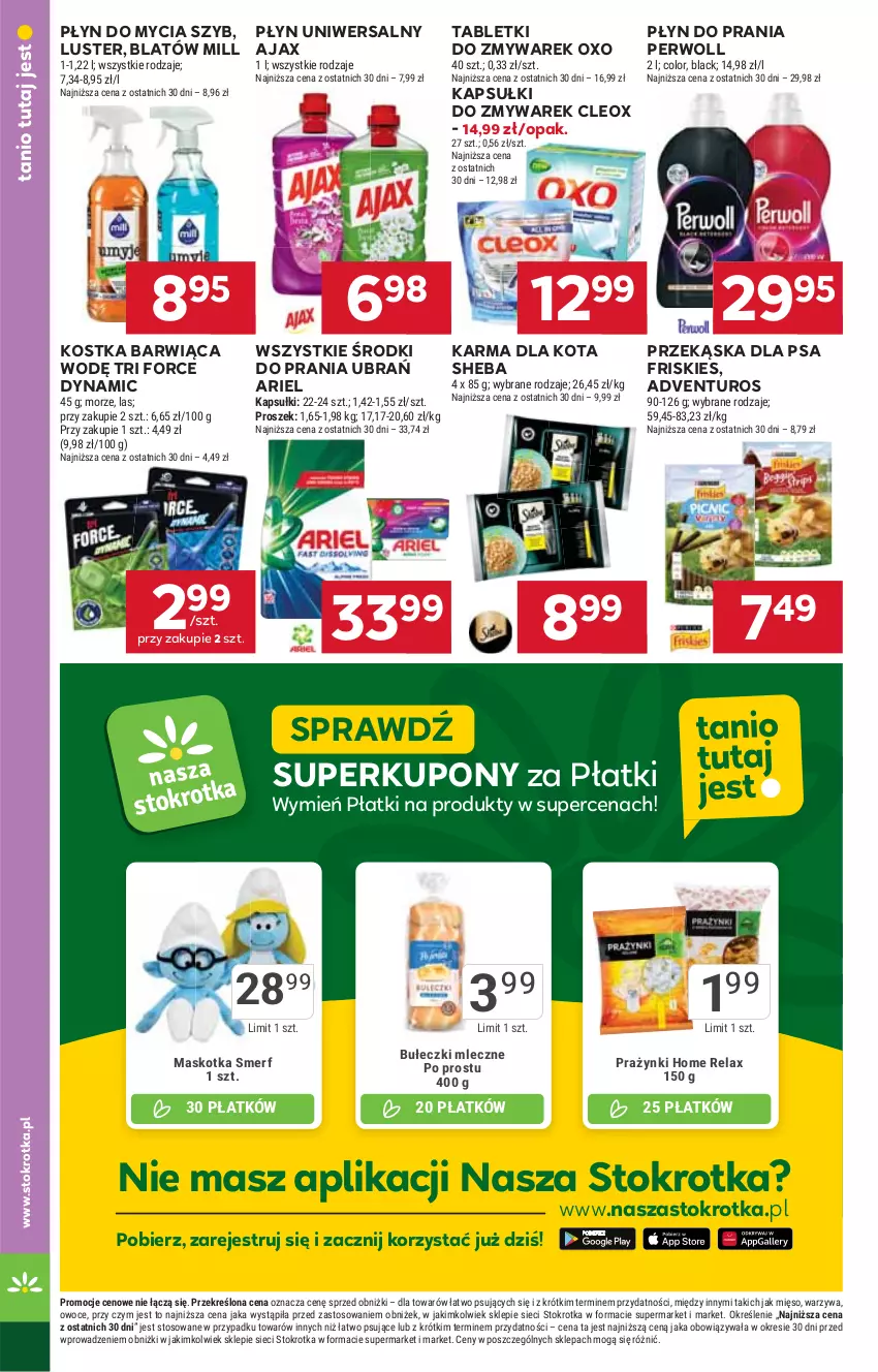 Gazetka promocyjna Stokrotka - Supermarket - ważna 07.08 do 12.08.2025 - strona 38 - produkty: Adventuros, Ajax, Ariel, Bułeczki, Bułeczki mleczne, Friskies, Lack, Mięso, Owoce, Perwoll, Płyn do mycia, Płyn do prania, Sheba, Tablet, Warzywa