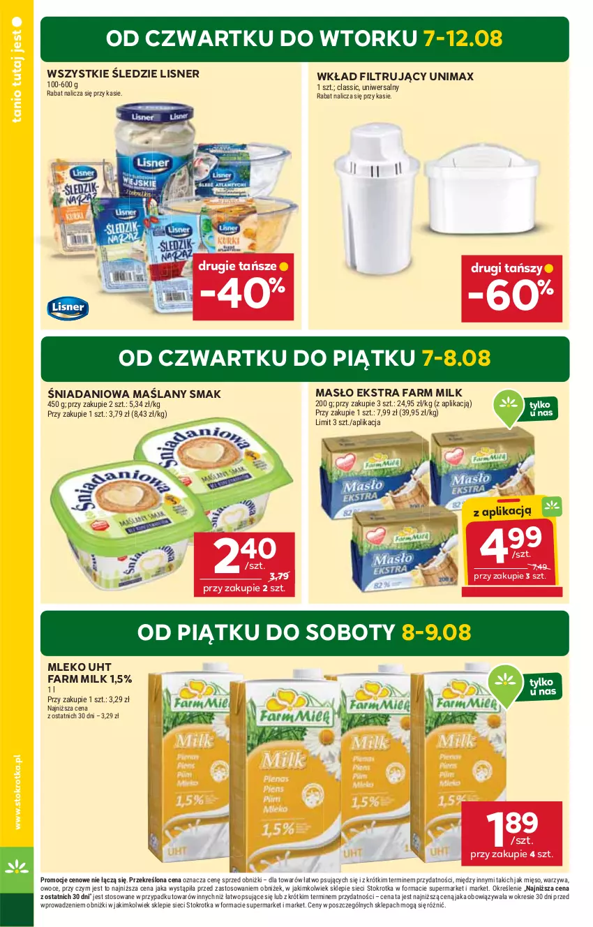 Gazetka promocyjna Stokrotka - Supermarket - ważna 07.08 do 12.08.2025 - strona 4 - produkty: Danio, Fa, Farm Milk, Lisner, Masło, Mięso, Mleko, Owoce, Warzywa, Wkład filtrujący