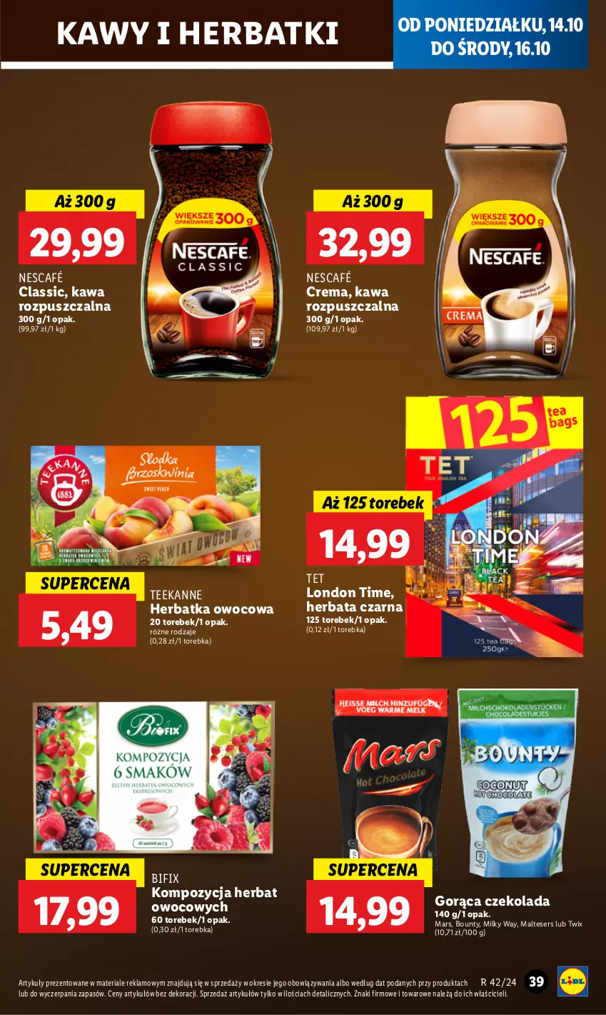 Gazetka promocyjna Lidl - GAZETKA - ważna 14.10 do 16.10.2024 - strona 41 - produkty: Bounty, Czekolada, Herbata, Herbata czarna, Kawa, Kawa rozpuszczalna, Mars, Milky Way, Nescafé, Ser, Teekanne, Torebka, Twix