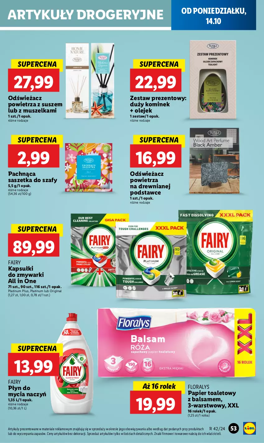 Gazetka promocyjna Lidl - GAZETKA - ważna 14.10 do 16.10.2024 - strona 57 - produkty: Do mycia naczyń, Fa, Fairy, Flora, Gin, Kominek, Mus, Odświeżacz powietrza, Olej, Papier, Papier toaletowy, Płyn do mycia, Płyn do mycia naczyń, Zestaw prezentowy, Zmywarki