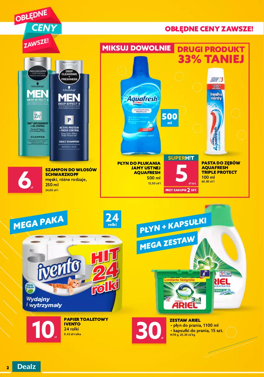 Gazetka promocyjna Dealz - Nowa Gazetka Dealz! - sprawdź ofertę - ważna 06.09 do 12.09.2021 - strona 2 - produkty: Aquafresh, Ariel, Gra, Kapsułki do prania, Kurczak, Papier, Papier toaletowy, Pasta do zębów, Pedigree, Płyn do płukania, Płyn do płukania jamy ustnej, Płyn do prania, Podkład, Przysmaki, Rolki, Schwarzkopf, Sos, Sucha karma, Szampon, Whiskas