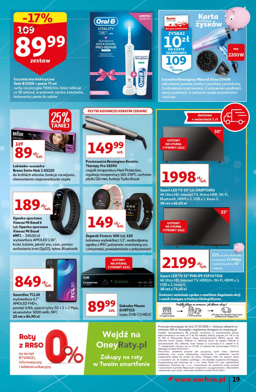 Gazetka promocyjna Auchan - przeNISKIE CENY prze smacznego Dnia Kobiet Hipermarkety - ważna 03.03 do 09.03.2022 - strona 19 - produkty: Akumulator, Amol, Braun, Fa, Kosz, Monitor, Opaska, Por, Remington, Sati, Smartfon, Sport, Suszarka, Top, Zegar, Zegarek