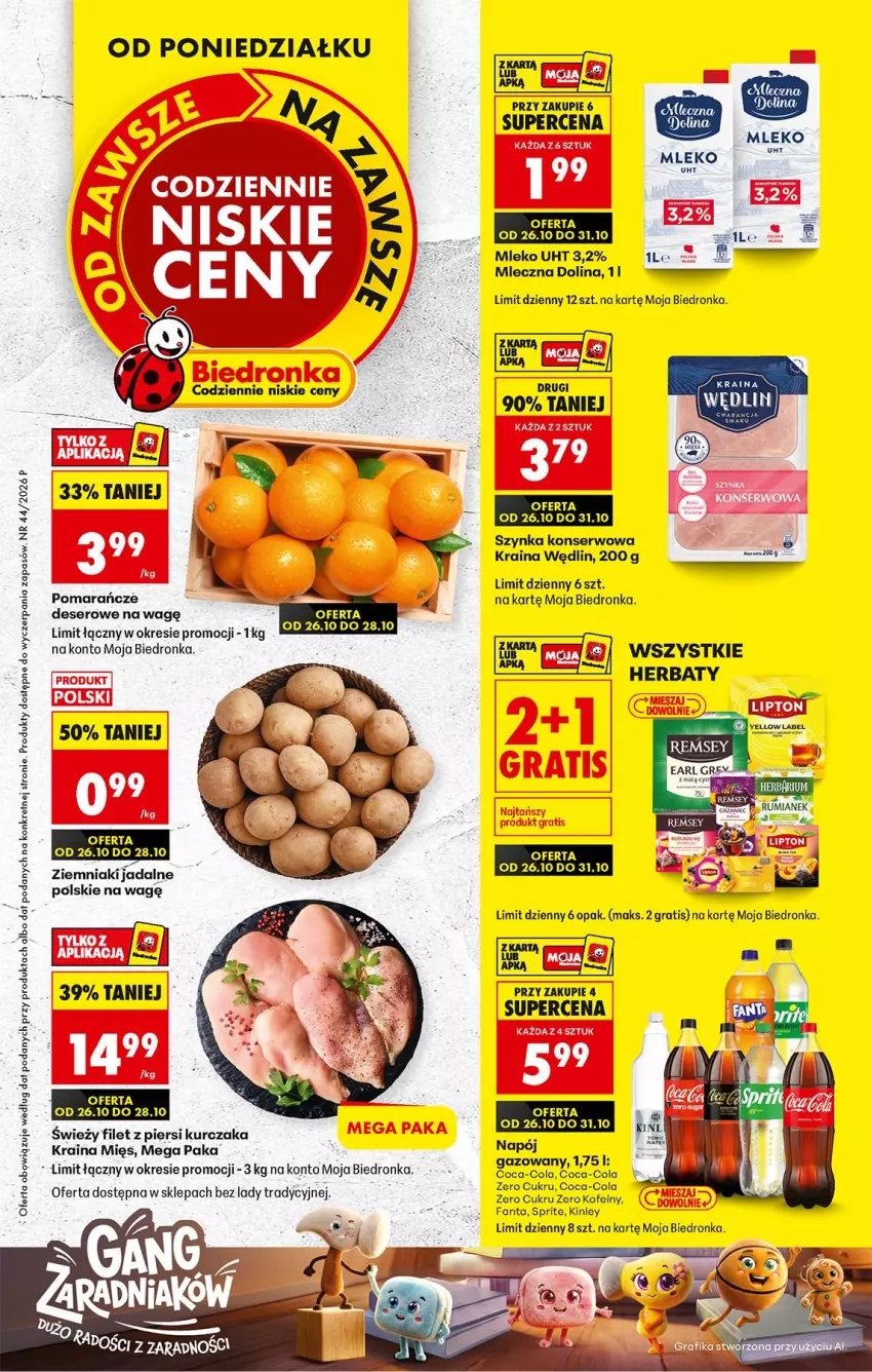 Gazetka promocyjna Biedronka - Od Poniedziałku - ważna 26.10 do 31.10.2026 - strona 1 - produkty: Coca-Cola, Deser, Fa, Fanta, Filet z piersi kurczaka, Gra, Kurczak, Mleko, Napój, Pomarańcze, Ser, Sprite, Szynka, Szynka konserwowa, Ziemniaki