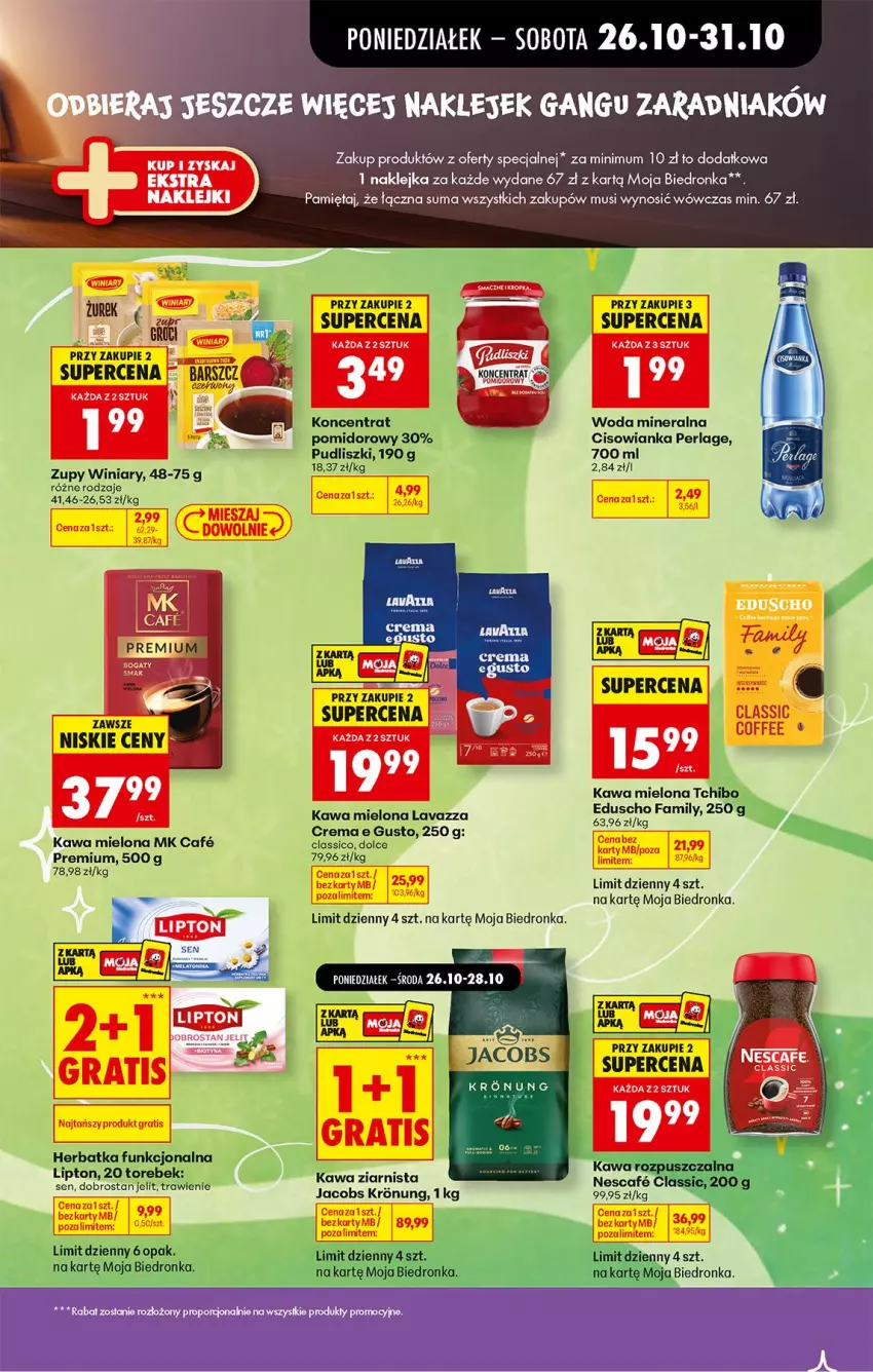 Gazetka promocyjna Biedronka - Od Poniedziałku - ważna 26.10 do 31.10.2026 - strona 29 - produkty: Cisowianka, Jacobs, Kawa, Kawa mielona, Kawa ziarnista, Klej, Koncentrat pomidorowy, Lavazza, Lipton, Mięta, Mus, Por, Pudliszki, Tchibo, Winiary, Woda, Woda mineralna