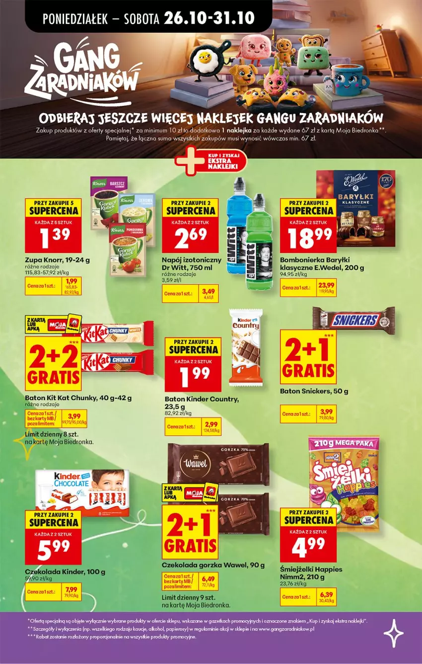 Gazetka promocyjna Biedronka - Od Poniedziałku - ważna 26.10 do 31.10.2026 - strona 33 - produkty: Baryłki, Basia, Baton, Czekolada, Czekolada gorzka, Kinder, Kit Kat, Klej, Knorr, Mięta, Mus, Napój, Napój izotoniczny, Nimm2, Snickers, Wawel, Zupa