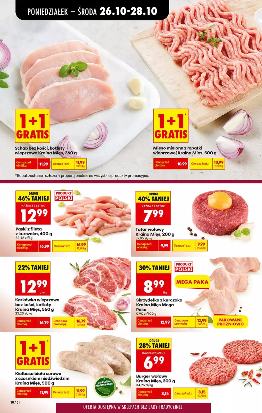 Gazetka promocyjna Biedronka - Od Poniedziałku - ważna 26.10 do 31.10.2026 - strona 40 - produkty: Fa, Gra, Karkówka wieprzowa, Kiełbasa, Kiełbasa biała, Kotlet, Kurczak, Mięso, Mięso mielone, Por, Schab bez kości, Skrzydełka z kurczaka, Tatar wołowy