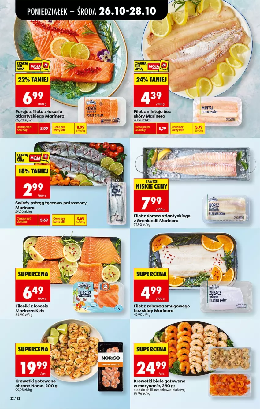 Gazetka promocyjna Biedronka - Od Poniedziałku - ważna 26.10 do 31.10.2026 - strona 42 - produkty: Dorsz, Filet z dorsza atlantyckiego, Filet z mintaja, Krewetki, Mintaj, Por, Pstrąg, Pstrąg tęczowy, Sos