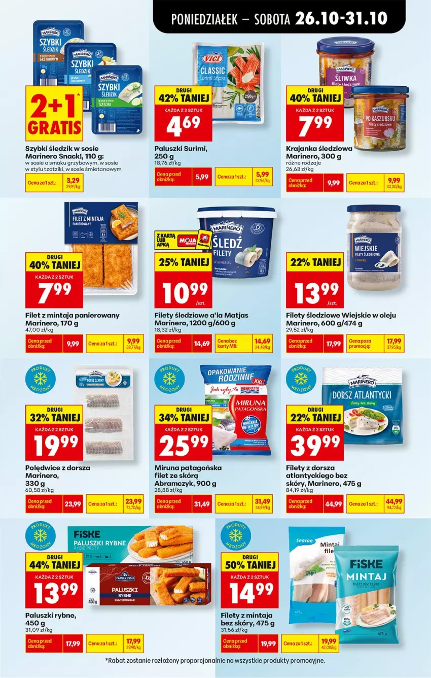 Gazetka promocyjna Biedronka - Od Poniedziałku - ważna 26.10 do 31.10.2026 - strona 43 - produkty: Dorsz, Filet z mintaja, Krajanka śledziowa, Matjas, Mintaj, Miruna, Olej, Paluszki rybne, Por, Sos, Surimi, Tago