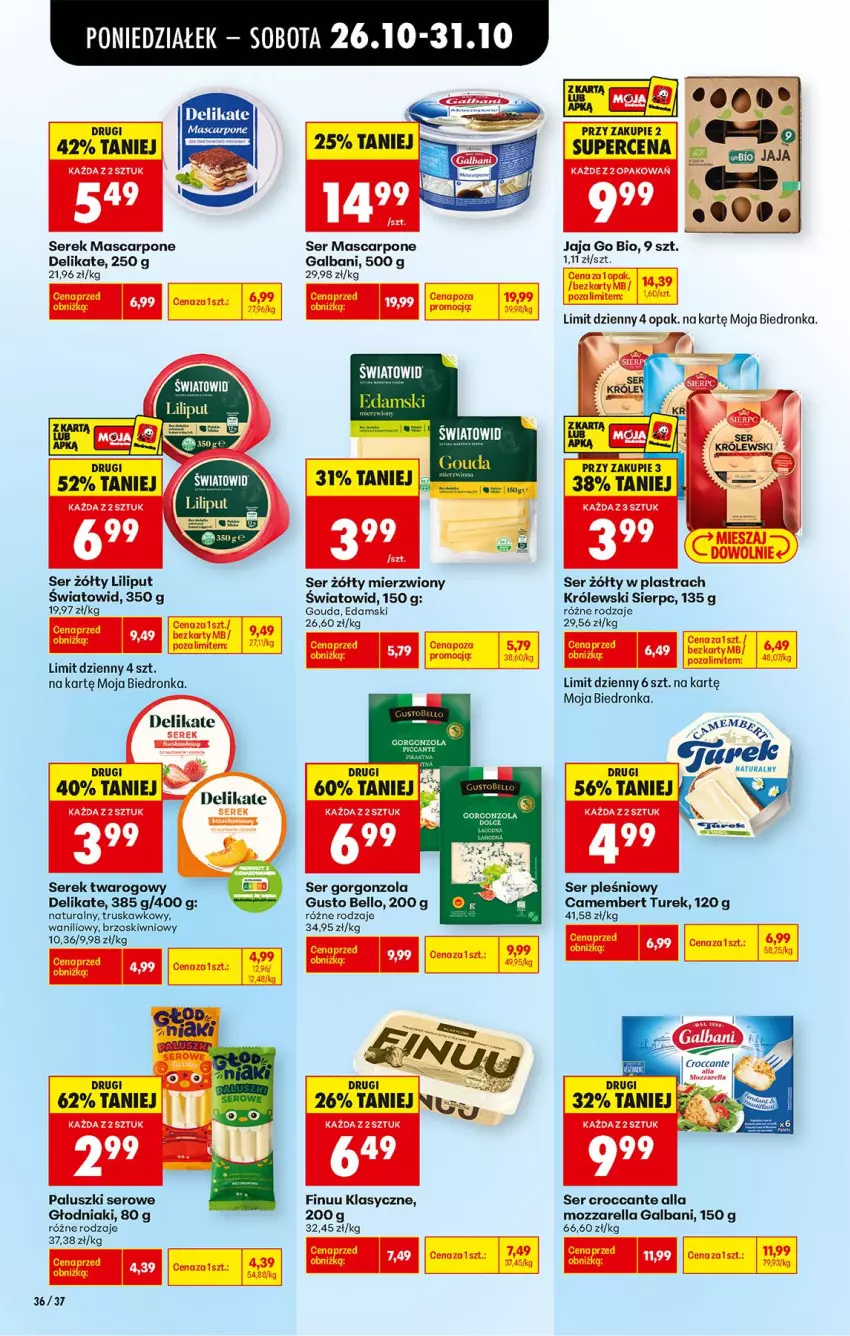 Gazetka promocyjna Biedronka - Od Poniedziałku - ważna 26.10 do 31.10.2026 - strona 54 - produkty: Bell, Camembert, Edam, Fa, Finuu, Galbani, Gorgonzola, Gouda, Jaja, Królewski, LG, Mascarpone, Mozzarella, Ser, Ser pleśniowy, Serek, Serek twarogowy