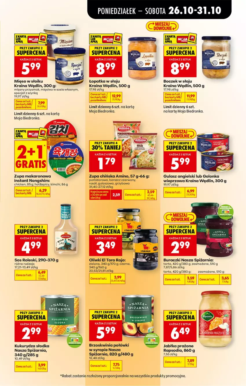 Gazetka promocyjna Biedronka - Od Poniedziałku - ważna 26.10 do 31.10.2026 - strona 63 - produkty: Boczek, Brzoskwinie, Buraczki, Golonka wieprzowa, Gra, Jabłka, Jabłka prażone, Kukurydza, Makaron, Mięso, Mięso w słoiku, Oliwki, Por, Sos, Syrop, Zupa