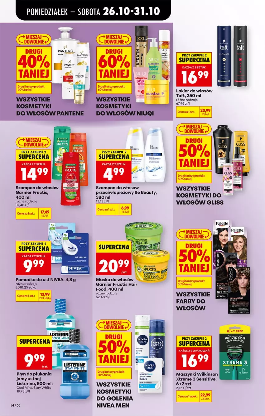 Gazetka promocyjna Biedronka - Od Poniedziałku - ważna 26.10 do 31.10.2026 - strona 76 - produkty: Be Be, Fa, Fructis, Garnier, Lakier, Lakier do włosów, Listerine, Maska, Maska do włosów, Niuqi, Nivea, Nivea Men, Nuty, Palette, Pantene, Płyn do płukania, Szampon, Taft