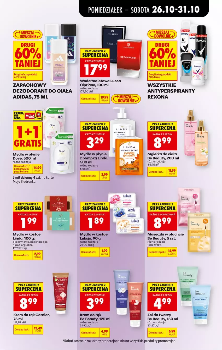 Gazetka promocyjna Biedronka - Od Poniedziałku - ważna 26.10 do 31.10.2026 - strona 77 - produkty: Adidas, Antyperspirant, Be Be, Dezodorant, Dove, Garnier, Gra, Krem do rąk, Luksja, Mydło, Mydło w płynie, Nuty, Peeling, Por, Rexona, Woda, Woda toaletowa