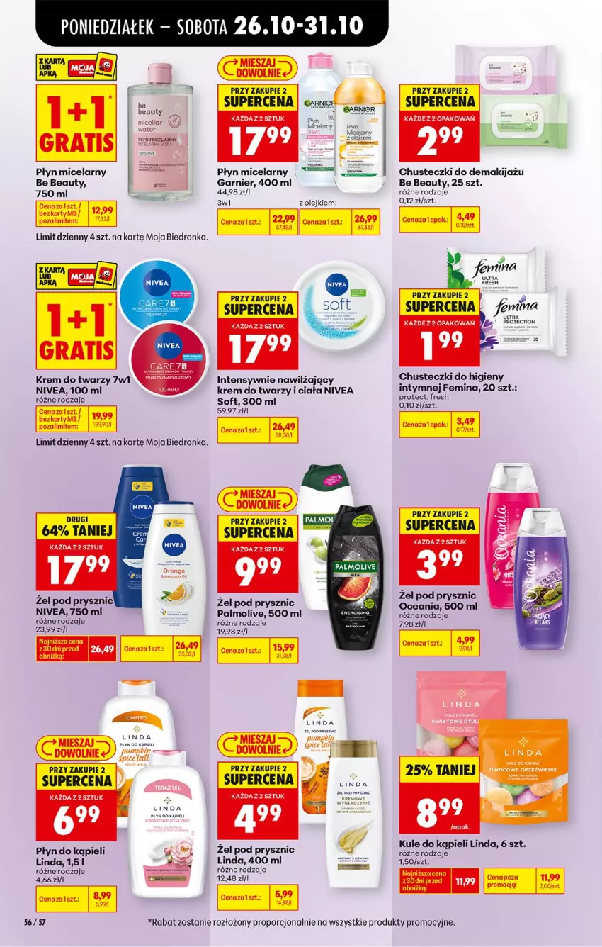 Gazetka promocyjna Biedronka - Od Poniedziałku - ważna 26.10 do 31.10.2026 - strona 78 - produkty: Be Be, Chusteczki, Chusteczki do higieny, Fa, Garnier, Gra, Krem do twarzy, Makijaż, Nivea, Noż, Olej, Palmolive, Płyn do kąpieli, Płyn micelarny, Por, Ser