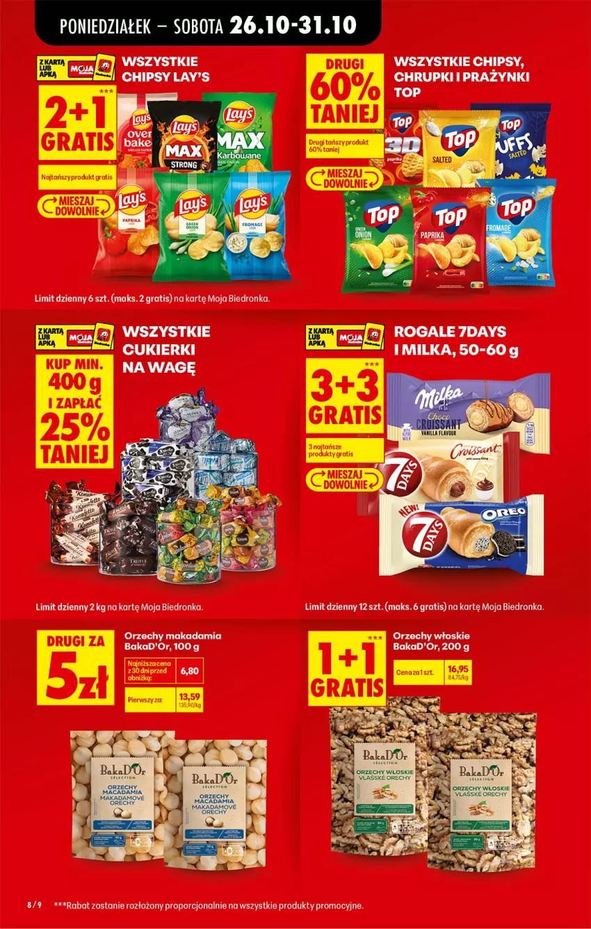 Gazetka promocyjna Biedronka - Od Poniedziałku - ważna 26.10 do 31.10.2026 - strona 8 - produkty: Chipsy, Chrupki, Cukier, Cukierki, Fa, Gra, Milka, Orzechy włoskie, Por, Rogal