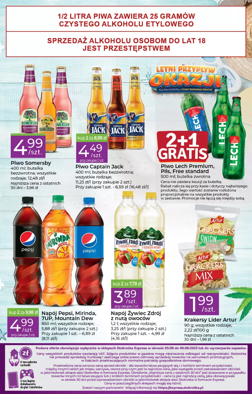 Gazetka promocyjna Stokrotka - Stokrotka Express - ważna 03.08 do 09.08.2023 - strona 3 - produkty: 7up, Artur, Captain Jack, Krakersy, Lech Premium, Mięso, Napój, Owoce, Piwo, Por, Somersby, Telefon, Warzywa