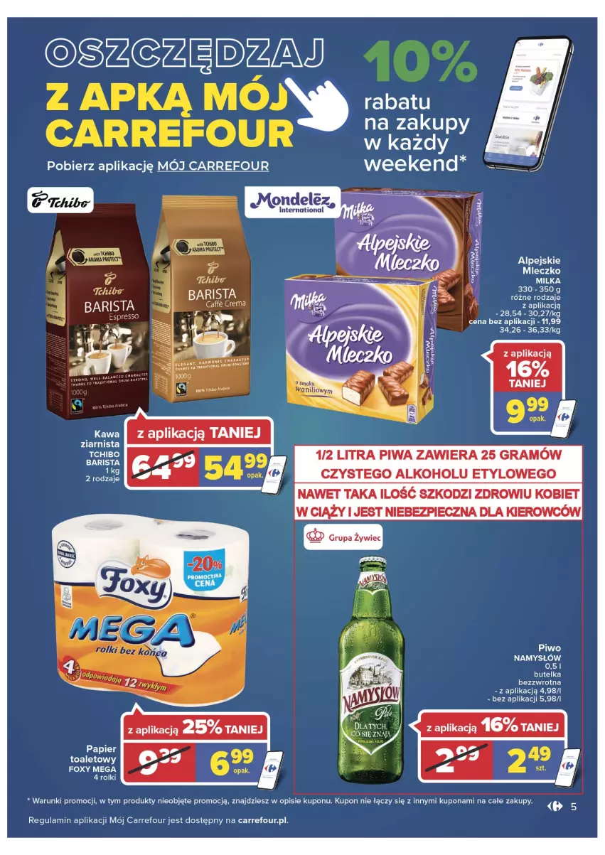 Gazetka promocyjna Carrefour - Gazetka Carrefour - ważna 15.03 do 26.03.2022 - strona 5 - produkty: Kawa, Mleczko, Namysłów, Papier, Piwo, Tchibo, Tchibo Barista