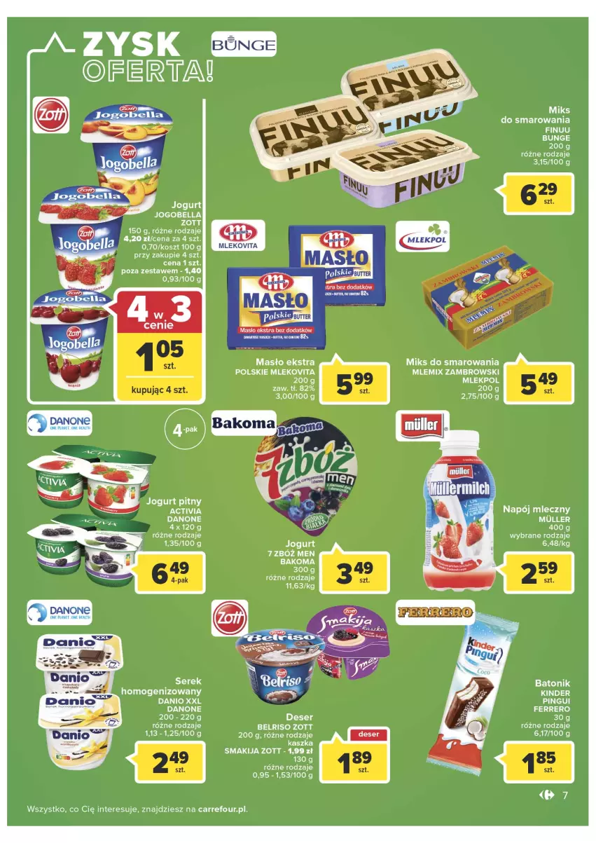 Gazetka promocyjna Carrefour - Gazetka Carrefour - ważna 15.03 do 26.03.2022 - strona 7 - produkty: Activia, Bakoma, Baton, Bell, Bella, Belriso, Danone, Ferrero, Jogobella, Jogurt, Jogurt pitny, Kinder, Kosz, Masło, Mleko, Mlekovita, Mlemix Zambrowski, Napój, Napój mleczny, Ser, Serek, Serek homogenizowany, Smakija, Tonik, Zott