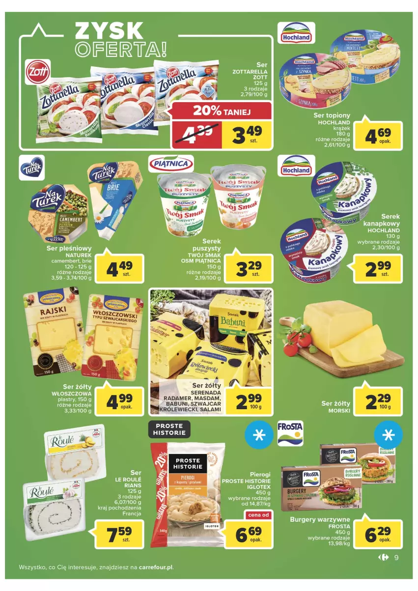 Gazetka promocyjna Carrefour - Gazetka Carrefour - ważna 15.03 do 26.03.2022 - strona 9 - produkty: Burger, Frosta, Hochland, Kapustą, NaTurek, Piątnica, Ser, Ser topiony, Top, Zott, Zottarella