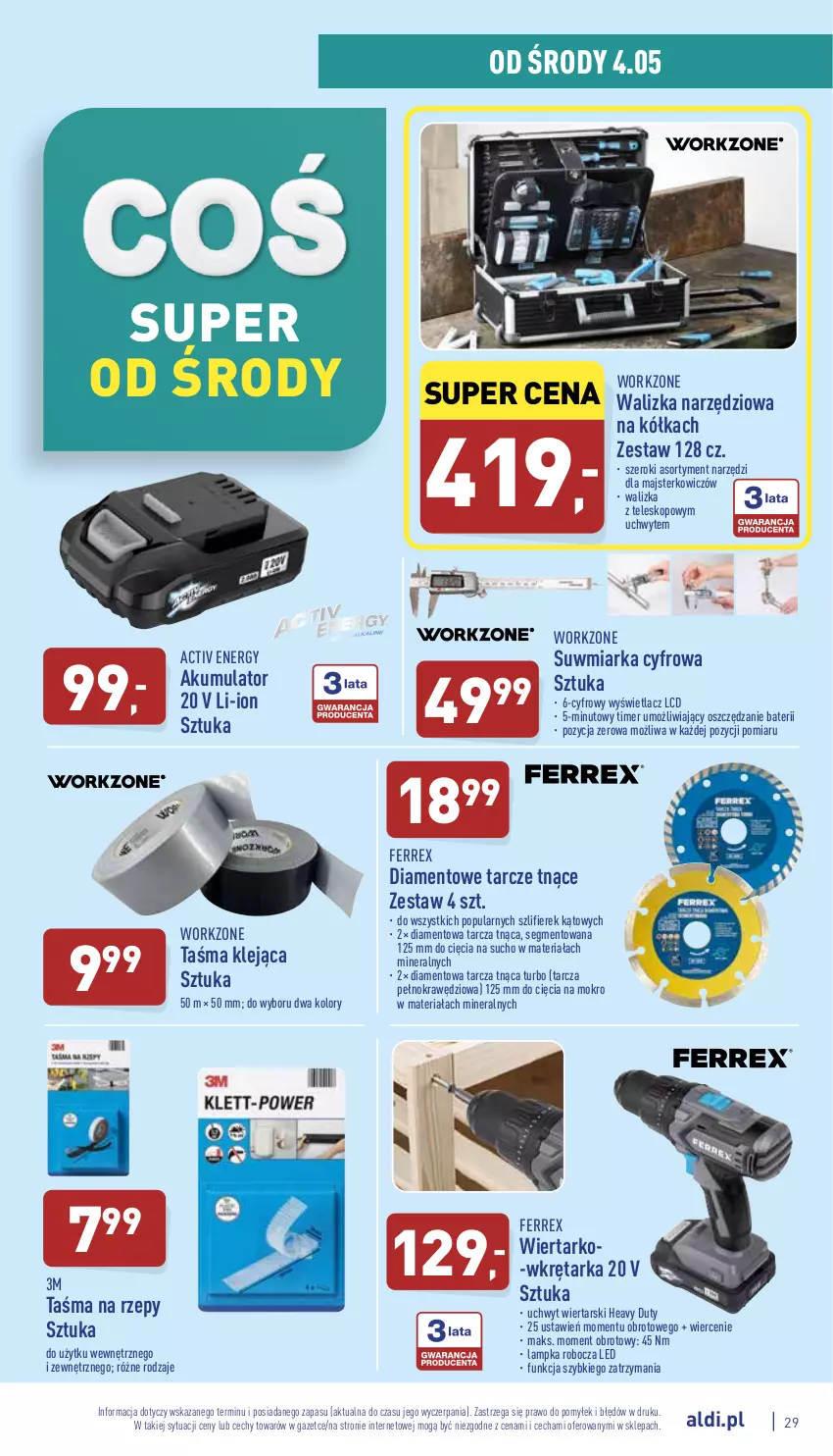 Gazetka promocyjna Aldi - Pełny katalog - ważna 02.05 do 07.05.2022 - strona 29 - produkty: Akumulator, Klej, Miarka, Tarcza tnąca, Tarka, Teleskop, Walizka, Wkręt, Wkrętarka