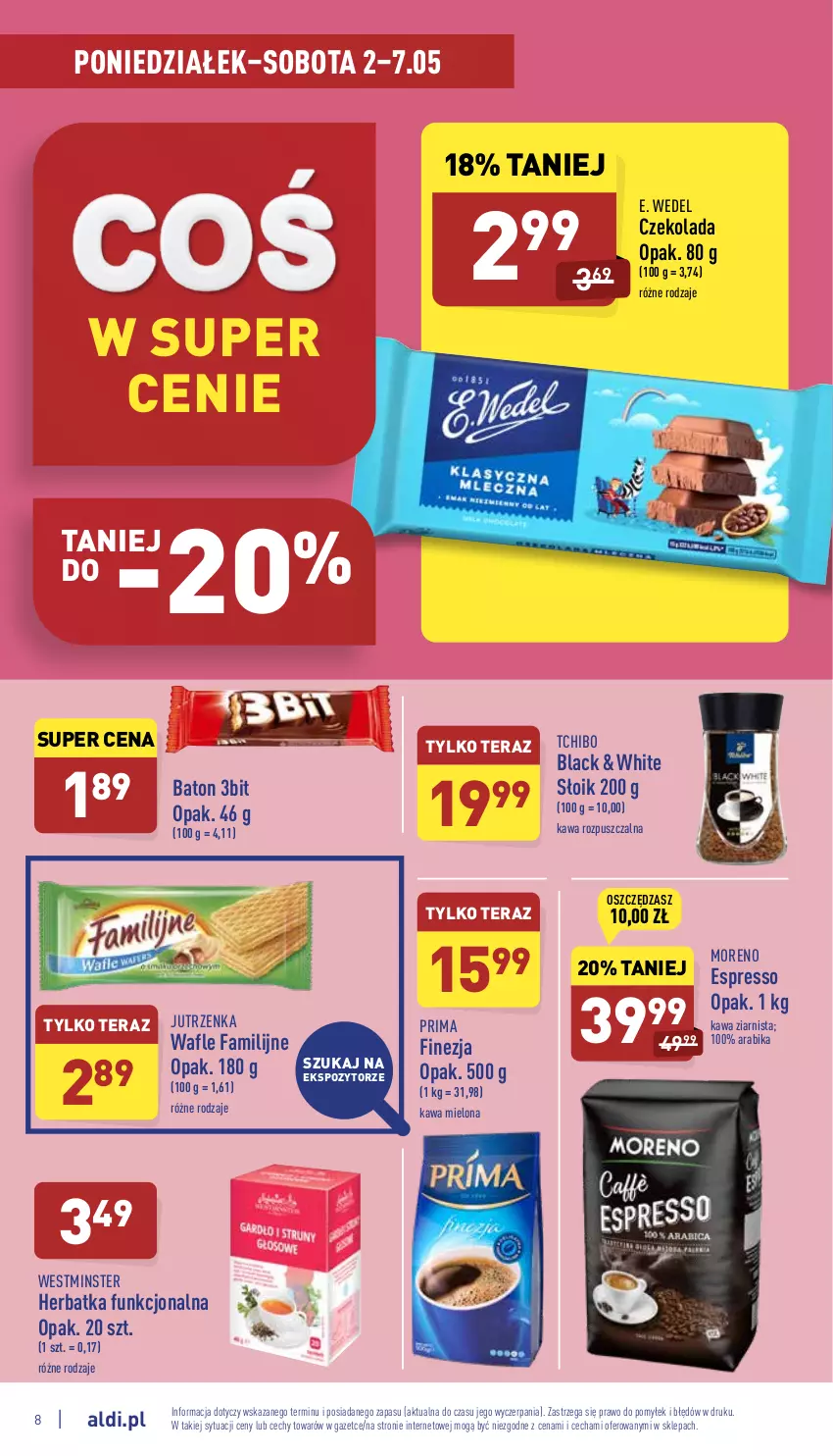 Gazetka promocyjna Aldi - Pełny katalog - ważna 02.05 do 07.05.2022 - strona 8 - produkty: Baton, Czekolada, E. Wedel, Fa, Jutrzenka, Kawa, Kawa mielona, Kawa rozpuszczalna, Kawa ziarnista, Lack, Prima, Tchibo, Tera, Wafle